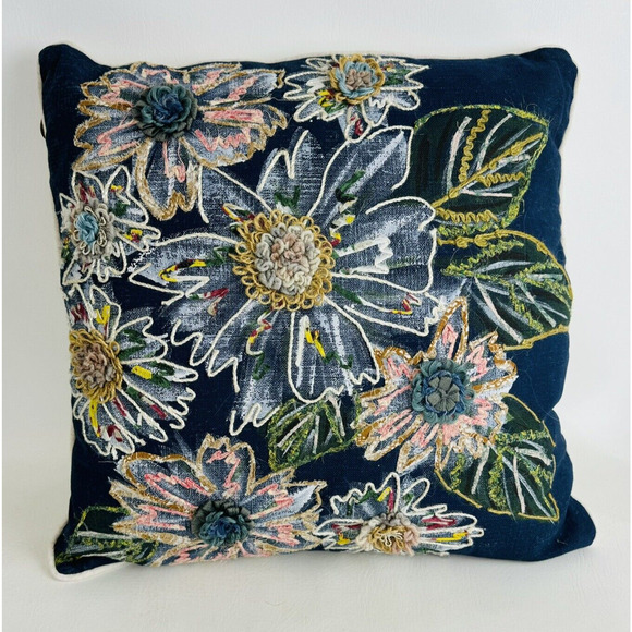 Pier 1 Imports Embroidered Floral Throw Pillow Boho Removable Cover Blue Decor - Picture 1 of 8